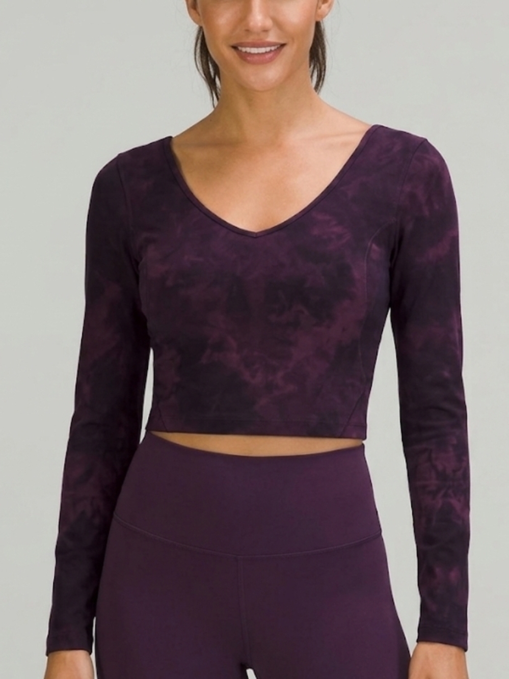 lululemon athletica Long Sleeve V-Neck Crop Top in Deep Plum Tie-Dye